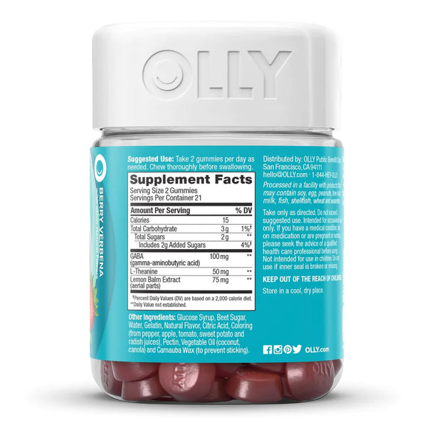 OLLY® Goodbye Stress® Dietary Supplement GABA / L-Theanine / Lemon Balm Extract 100 mg - 50 mg - 75 mg Strength Gummy 42 per Bottle Berry Verbena Flavor (1228393_BT) 1/BT