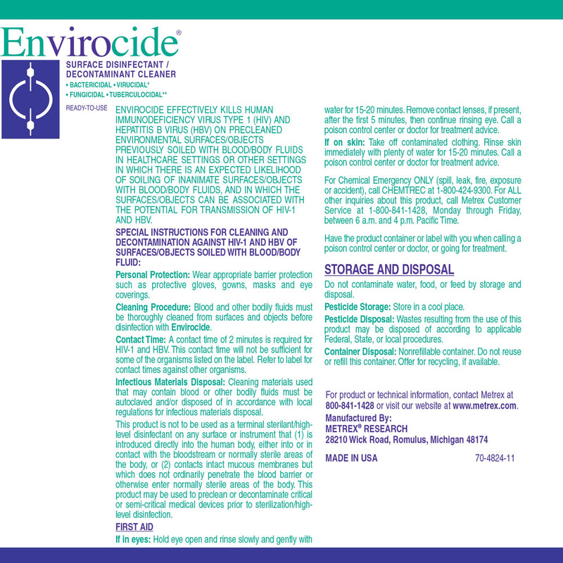 Envirocide® Surface Disinfectant Cleaner Broad Spectrum Trigger Spray Liquid 24 oz. Bottle Alcohol Scent NonSterile (379425_CS) 12/CS