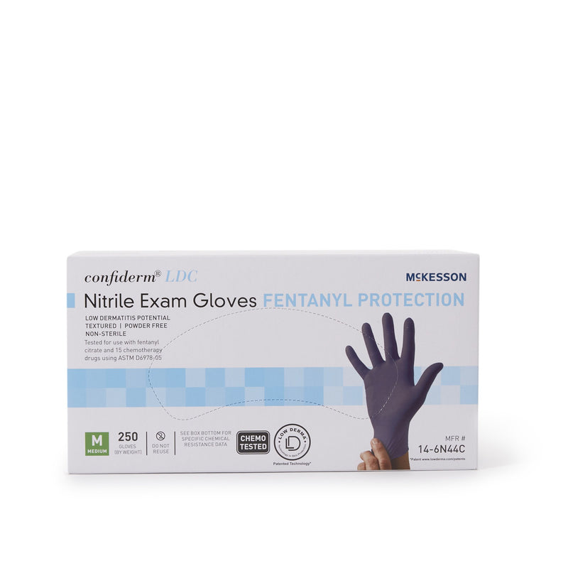McKesson Confiderm® LDC Exam Glove Medium NonSterile Nitrile Standard Cuff Length Fully Textured Blue Chemo Tested / Fentanyl Tested (1159330_BX) 250/BX