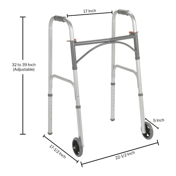 McKesson Dual Release Folding Walker with Wheels Adjustable Height Steel Frame 350 lbs. Weight Capacity 32 to 39 Inch Height (1128891_CS) 4/CS