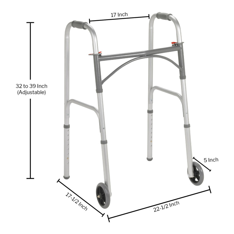 McKesson Dual Release Folding Walker with Wheels Adjustable Height Steel Frame 350 lbs. Weight Capacity 32 to 39 Inch Height (1128891_EA) 1/EA