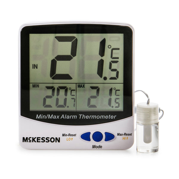 McKesson Digital Refrigerator / Freezer Thermometer with Alarm Fahrenheit / Celsius -58° to +158°F (-50° to +70°C) Glycol Bottle Probe / Internal Sensor Multiple Mounting Options Battery Operated (1074440_EA) 1/EA