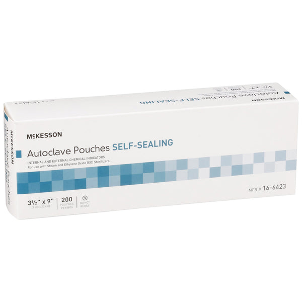 McKesson Sterilization Pouch Ethylene Oxide (EO) Gas / Steam 3-1/2 X 9 Inch Transparent Blue / White Self Seal Paper / Film (960943_BX) 200/BX