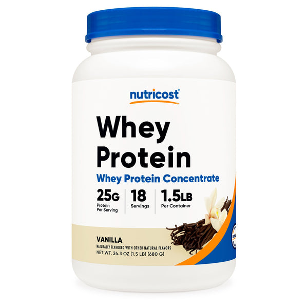 Nutricost Whey Protein Concentrate Oral Supplement Vanilla Flavor Powder 1.5 lb. Canister (1270266_BT) 1/BT