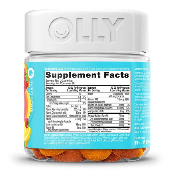 OLLY® Essential Prenatal Multi Prenatal Vitamin Supplement MultiVitamins With Folic Acid / DHA 400 mcg - 50 mg Strength Gummy 60 per Bottle Sweet Citrus Flavor (1228375_BT) 1/BT