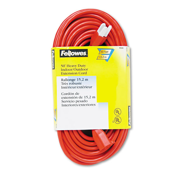 Fellowes® Indoor/Outdoor Heavy-Duty 3-Prong Plug Extension Cord, 50 ft, 13 A, Orange (FEL99598)