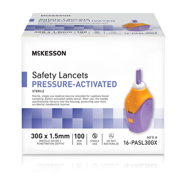 McKesson Safety Lancet 30 Gauge Retractable Pressure Activated Finger (1217983_BX) 100/BX
