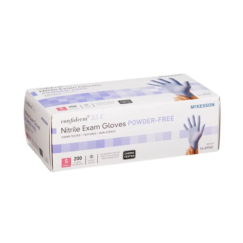 McKesson Confiderm® 3.5C Exam Glove Small NonSterile Nitrile Standard Cuff Length Textured Fingertips Blue Chemo Tested (765874_BX) 200/BX