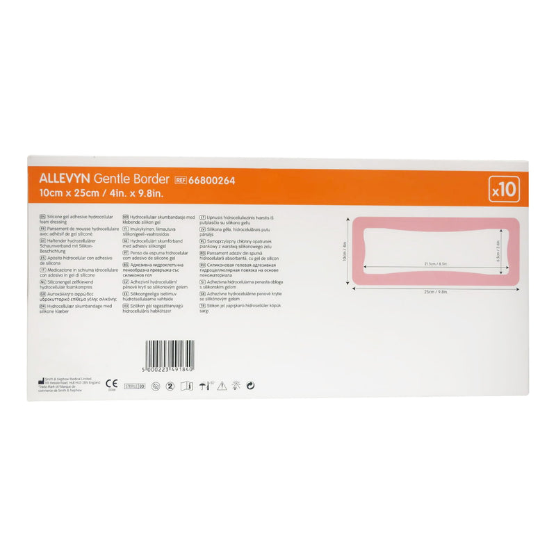 Allevyn Gentle Border Foam Dressing 4 X 10 Inch With Border Film Backing Silicone Gel Adhesive Rectangle Sterile (1062154_BX) 10/BX