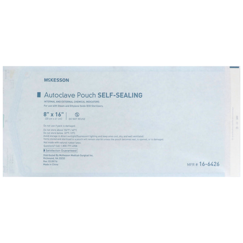 McKesson Sterilization Pouch Ethylene Oxide (EO) Gas / Steam 8 X 16 Inch Transparent Blue / White Self Seal Paper / Film (960946_CS) 1000/CS