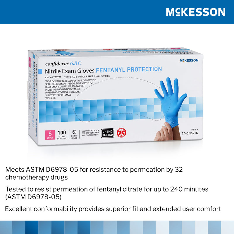 McKesson Confiderm® 6.8C Exam Glove Small NonSterile Nitrile Standard Cuff Length Fully Textured Blue Chemo Tested / Fentanyl Tested (1225743_CS) 1000/CS