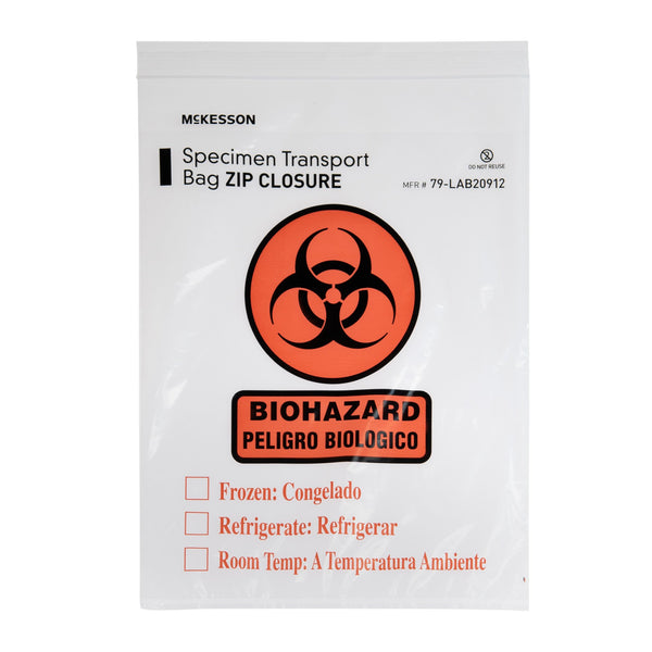 McKesson Specimen Transport Bag with Document Pouch 9 X 12 Inch Zip Closure Biohazard Symbol / Storage Instructions NonSterile (529909_CS) 10/CS