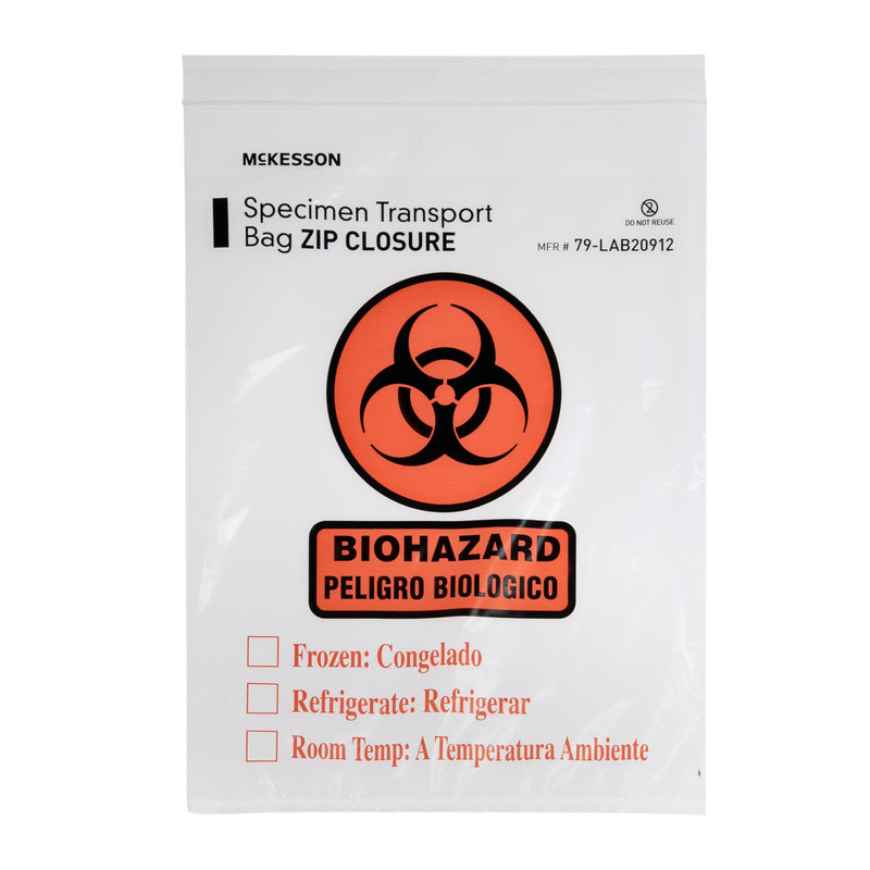 McKesson Specimen Transport Bag with Document Pouch 9 X 12 Inch Zip Closure Biohazard Symbol / Storage Instructions NonSterile (529909_CS) 10/CS