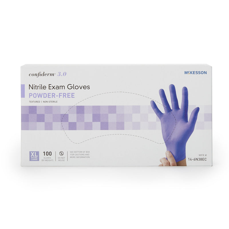 McKesson Confiderm® 3.0 Exam Glove X-Large NonSterile Nitrile Standard Cuff Length Textured Fingertips Blue Not Rated (1107943_CS) 1000/CS