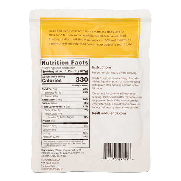 Real Food Blends® Tube Feeding Formula Beef / Potatoes / Spinach Flavor Liquid 9.4 oz. Pouch (1032563_CS) 12/CS