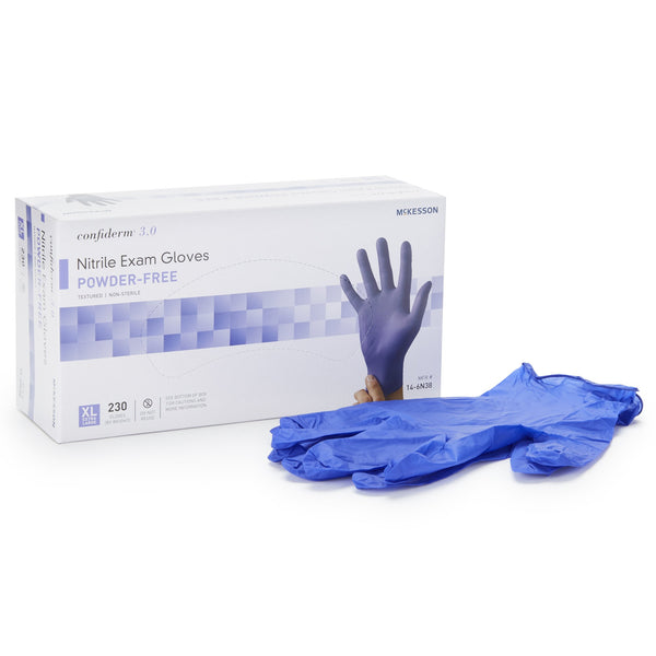 McKesson Confiderm® 3.0 Exam Glove X-Large NonSterile Nitrile Standard Cuff Length Textured Fingertips Blue Not Rated (957804_CS) 10/CS