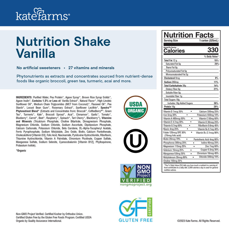 Kate Farms Nutrition Shake Oral Supplement Vanilla Flavor Liquid 11 oz. Carton (1170426_EA) 1/EA