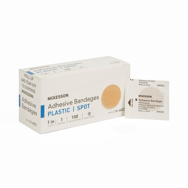 McKesson Adhesive Spot Bandage 1 Inch Plastic Round Tan Sterile (466877_BX) 100/BX