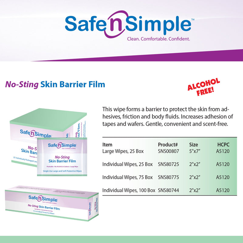 Safe N Simple™ No-Sting Skin Barrier Wipe 60% / 20% Strength Purified Water / Polyvinylpyrrolidone / Glycerin / Propylene Glycol Individual Packet Sterile (773689_EA) 1/EA