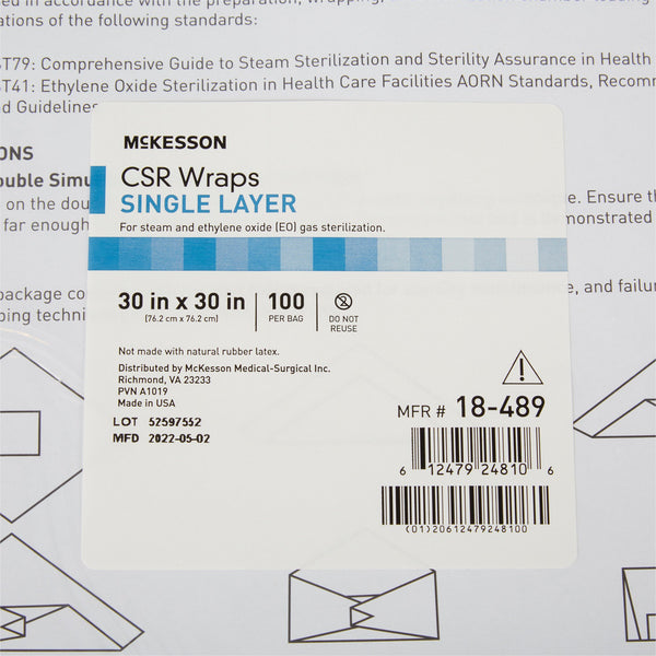 McKesson Sterilization Wrap Blue 30 X 30 Inch Single Layer Cellulose Steam / EO Gas (1156132_BX) 1/BX