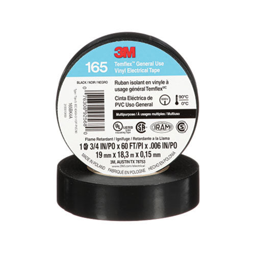 3M™ Temflex™ Vinyl Electrical Tape 165, 60 ft x 3/4 in, Black (405-076308-92568) Pack of 10