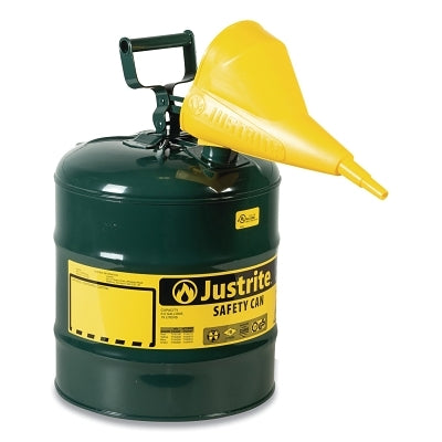 Justrite Type l Steel Safety Can, Oil, 5 gal, Green, Includes Poly Funnel/SS Flame Arrestor/Swinging Handle (400-7150410) Each