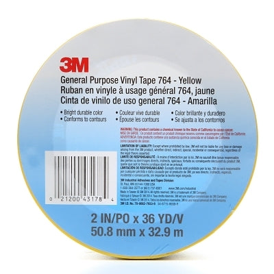 3M™ General Purpose Vinyl Tape 764, 5 mil, Yellow, 2 in x 36 yd (405-021200-43178) 1 Roll