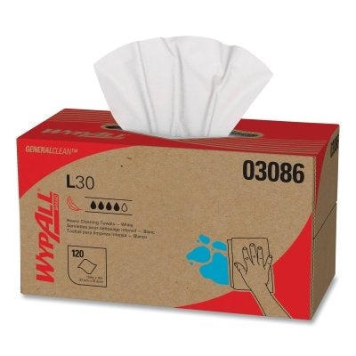 Kimberly-Clark WypAll® L30 Wipers, White, 10 in W x 10.8 in L, 120 Sheet, Pop-Up Box (993-03086) 10 BX / CA