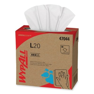 Kimberly-Clark WypAll® L20 Wiper, 9.1 in W x 16.8 in L, Pop-Up Box, White, 88/Box, 10 BX/CA (993-47044) 10 BX / CA