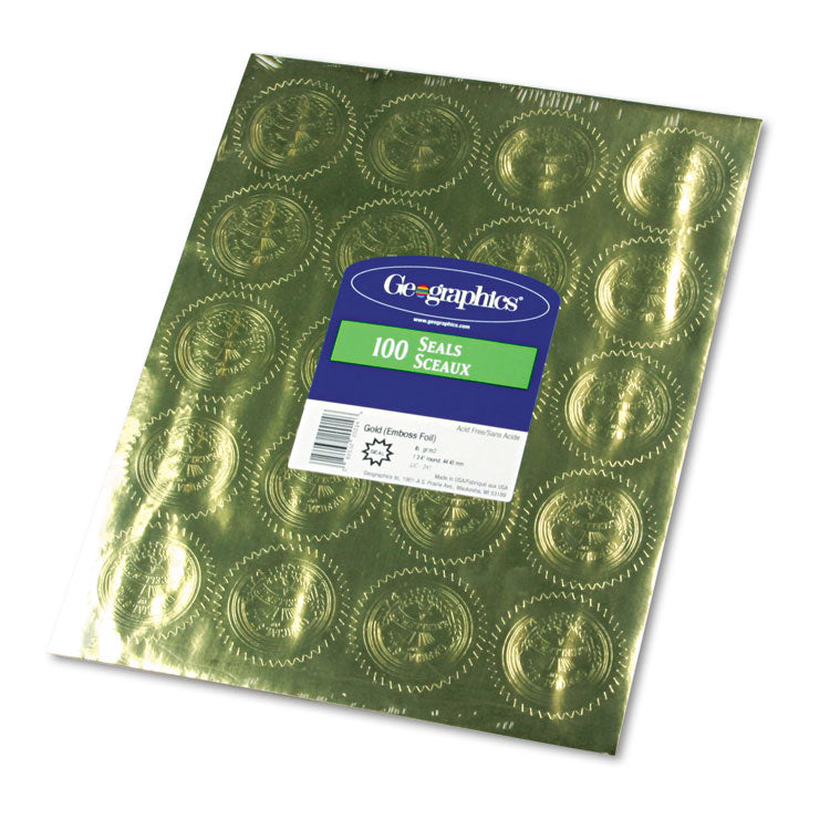 Geographics® Self-Adhesive Embossed Seals, 2" dia, Gold, 20/Sheet, 5 Sheets/Pack (GEO20014) Pack of 100