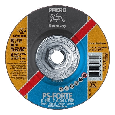Pferd Inc Depressed Center Wheel, 4 1/2 in Dia, 1/4 Thick, 5/8 Arbor, 24 Grit Alum. Oxide (419-61001) Each