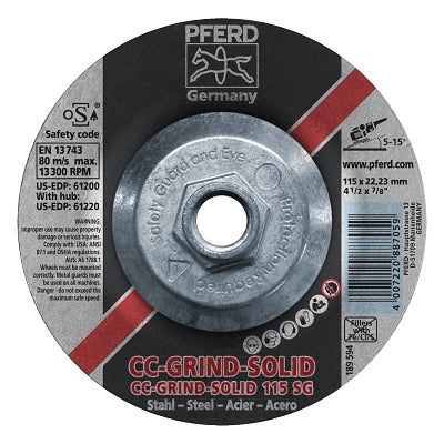 Pferd Inc CC Grind Solid Steel Grinding Discs, Ceramic, 4 1/2in Dia, 5/8 in Arbor, 24 Grit (419-61220) Each