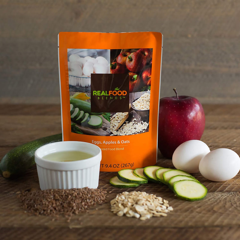 Real Food Blends® Tube Feeding Formula Apples, Whole Eggs, Water, Zucchini, Falxseed Oil, Rolled Oats (Oats are certified gluten-free.) Liquid 9.4 oz. Pouch (1079120_EA) 1/EA