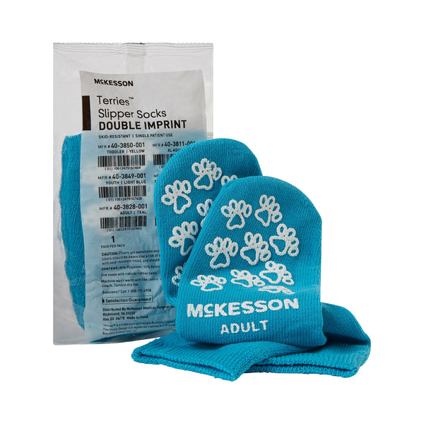 McKesson Terries™ Slipper Socks Unisex Adult One Size Fits Most Double Tread Single Patient Use Teal (558994_PR) 1/PR