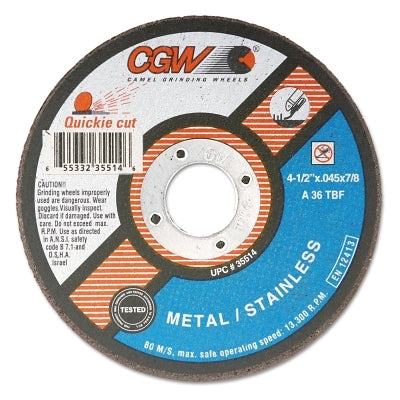 CGW Abrasives Cut-Off Wheel, Type 1, 4 1/2 in Dia, .045 in Thick, 36 Grit Alum. Oxide (421-35514) Each