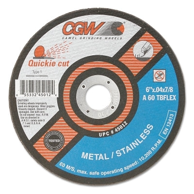 CGW Abrasives Extra Thin Cut-Off Wheel, Type 1, 6 in Dia, .04 in Thick, 7/8 in Arbor, 60 Grit (421-45012) Each