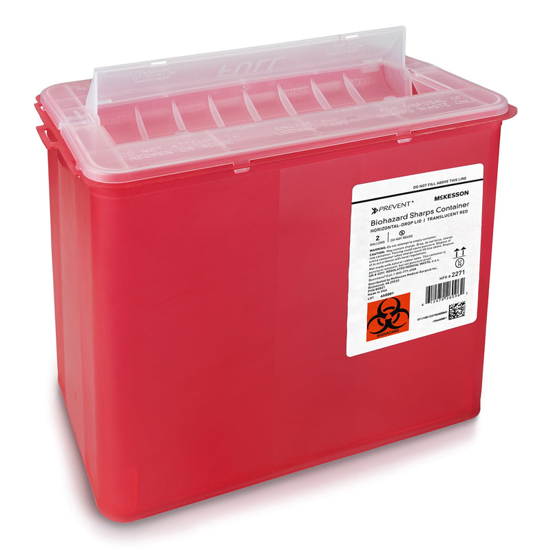 McKesson Prevent® Sharps Container Translucent Red Base 9-1/4 H X 10 W X 6 D Inch Horizontal Entry 2 Gallon (1202201_EA) 1/EA