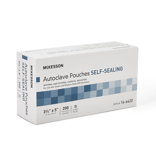 McKesson Sterilization Pouch Ethylene Oxide (EO) Gas / Steam 3-1/2 X 5 Inch Transparent Blue / White Self Seal Paper / Film (960942_CS) 4000/CS