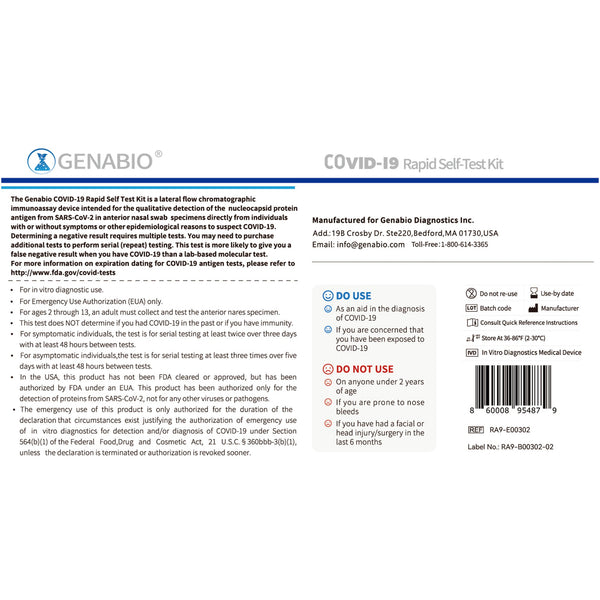 Genabio® Respiratory Test Kit COVID-19 Rapid Self-Test 2 Tests per Kit (1271385_KT) 1/KT