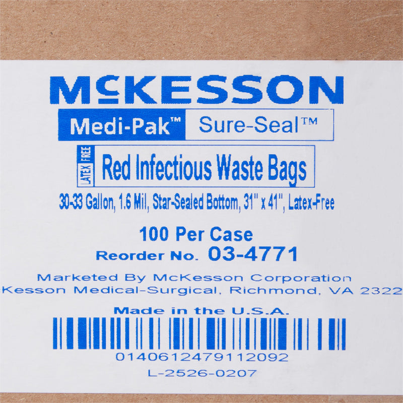 McKesson Biohazard Waste Bag Biohazard Symbol / Infectious Waste 30 to 33 gal. Red 31 X 41 Inch (178674_CS) 100/CS