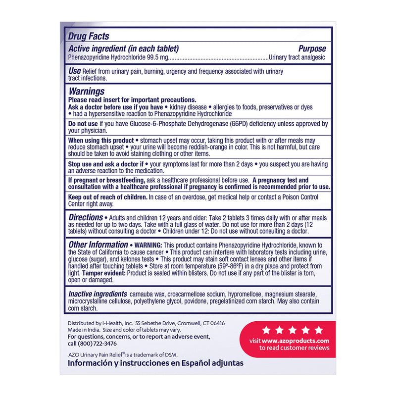 AZO® Maximum Strength Urinary Pain Relief 99.5 mg Strength Phenazopyridine HCL Tablet 12 per Box (1065926_BX) 1/BX