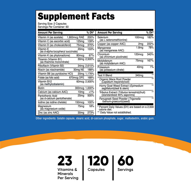 nutricost® Multivitamin For Men Dietary Supplement Vitamin A / C / D / E / K 1,800 mcg - 125 mg - 75 mcg - 20 mg - 80 mcg Strength Capsule 120 Per Bottle (1270268_CS) 12/CS