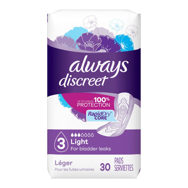 Always® Discreet Bladder Control Pad 9.4 Inch Length Light Absorbency Super Absorbent Core Size 3 (928408_CS) 90/CS