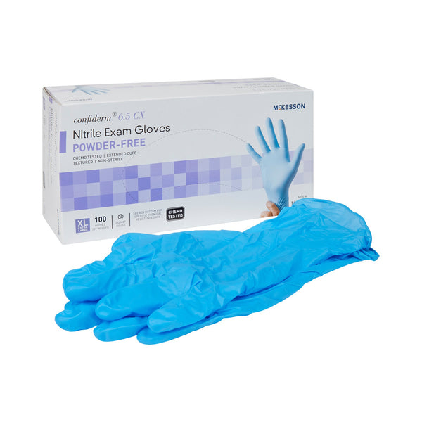 McKesson Confiderm® 6.5CX Exam Glove X-Large NonSterile Nitrile Extended Cuff Length Textured Fingertips Blue Chemo Tested (921609_BX) 100/BX