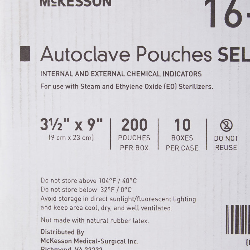 McKesson Sterilization Pouch Ethylene Oxide (EO) Gas / Steam 3-1/2 X 9 Inch Transparent Blue / White Self Seal Paper / Film (960943_BX) 200/BX