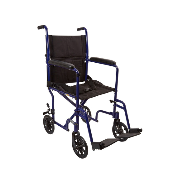 McKesson Transport Chair 19 Inch Seat Width Full Length Arm Swing-Away Footrest Aluminum Frame with Blue Finish (1065256_EA) 1/EA