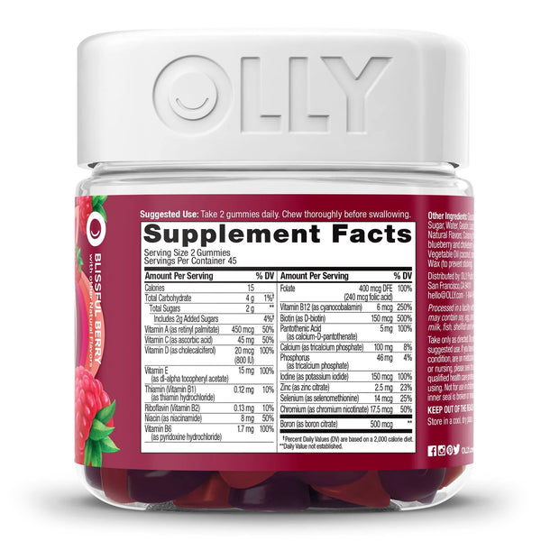 OLLY® Women's Multi Multivitamin Supplement MultiVitamins With Folic Acid Assorted Strengths - 240 mcg Gummy 90 per Bottle Blissful Berry Flavor (1228372_BT) 1/BT