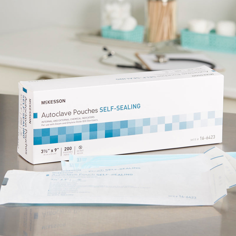 McKesson Sterilization Pouch Ethylene Oxide (EO) Gas / Steam 3-1/2 X 9 Inch Transparent Blue / White Self Seal Paper / Film (960943_BX) 200/BX