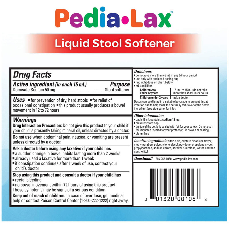 Pedia-Lax® Stool Softener Fruit Punch Flavor Liquid 4 oz. 50 mg / 15 mL Strength Docusate Sodium (738525_EA) 1/EA