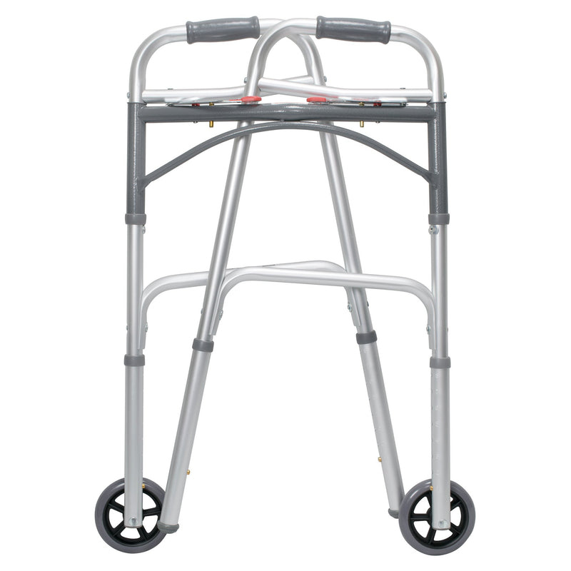 McKesson Dual Release Folding Walker with Wheels Adjustable Height Aluminum Frame 350 lbs. Weight Capacity 32 to 39 Inch Height (1073638_EA) 1/EA